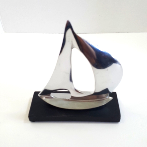 Sail Boat Spinnaker Silver Metal Aluminum Sculpture on Wood Stand - 8 in. tall - Picture 4 of 8